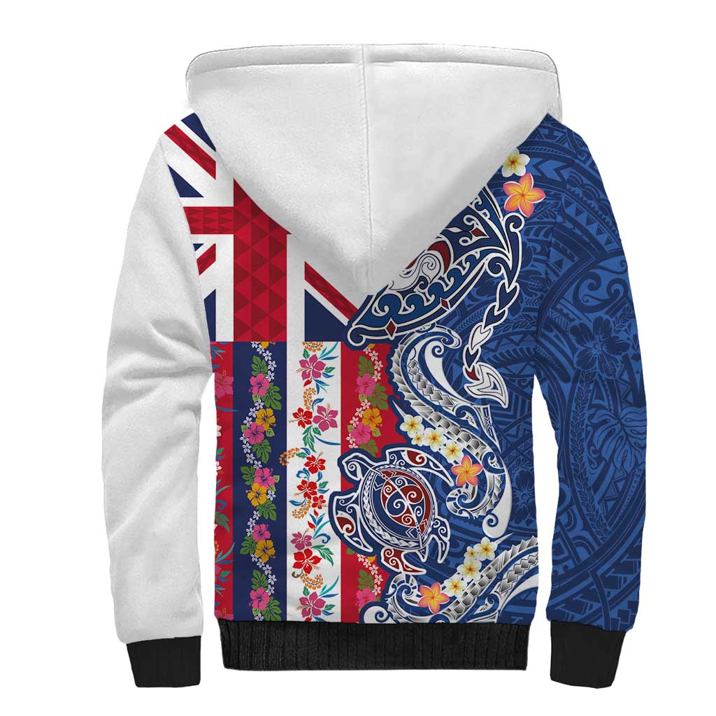 Hawaiian Manta Ray and Turtle Tribal Tattoo Sherpa Hoodie With Hawaii Flag and Flowers LT03 - Polynesian Pride