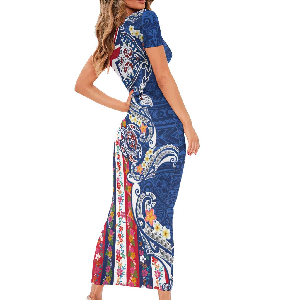 Hawaiian Manta Ray and Turtle Tribal Tattoo Short Sleeve Bodycon Dress With Hawaii Flag and Flowers LT03 - Polynesian Pride