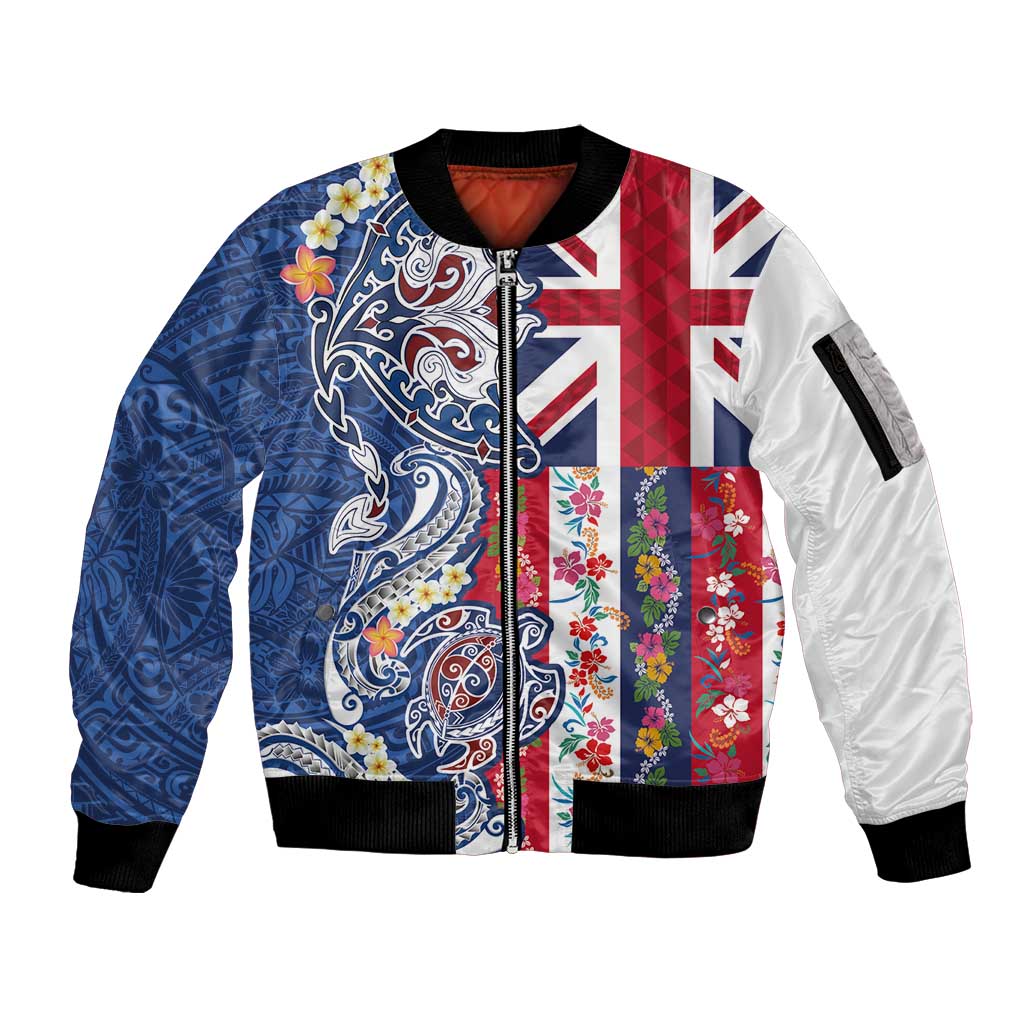 Hawaiian Manta Ray and Turtle Tribal Tattoo Sleeve Zip Bomber Jacket With Hawaii Flag and Flowers