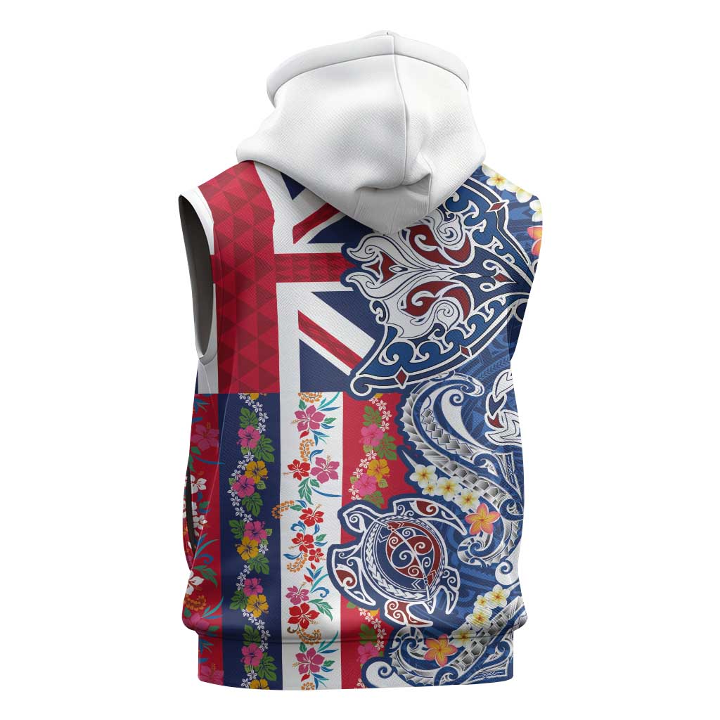 Hawaiian Manta Ray and Turtle Tribal Tattoo Sleeveless Hoodie With Hawaii Flag and Flowers LT03 - Polynesian Pride