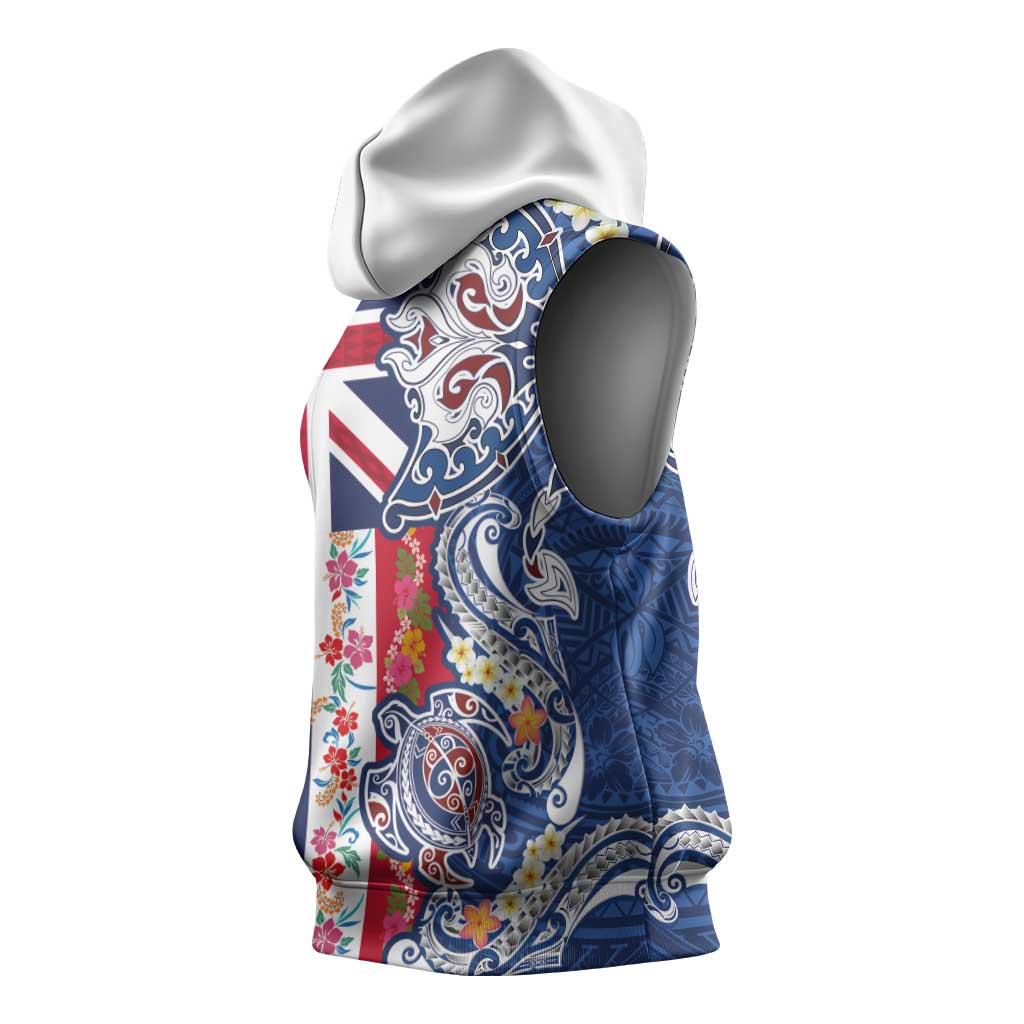 Hawaiian Manta Ray and Turtle Tribal Tattoo Sleeveless Hoodie With Hawaii Flag and Flowers LT03 - Polynesian Pride