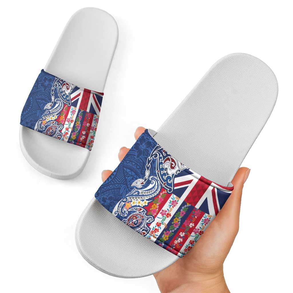 Hawaiian Manta Ray and Turtle Tribal Tattoo Slide Sandals With Hawaii Flag and Flowers LT03 - Polynesian Pride