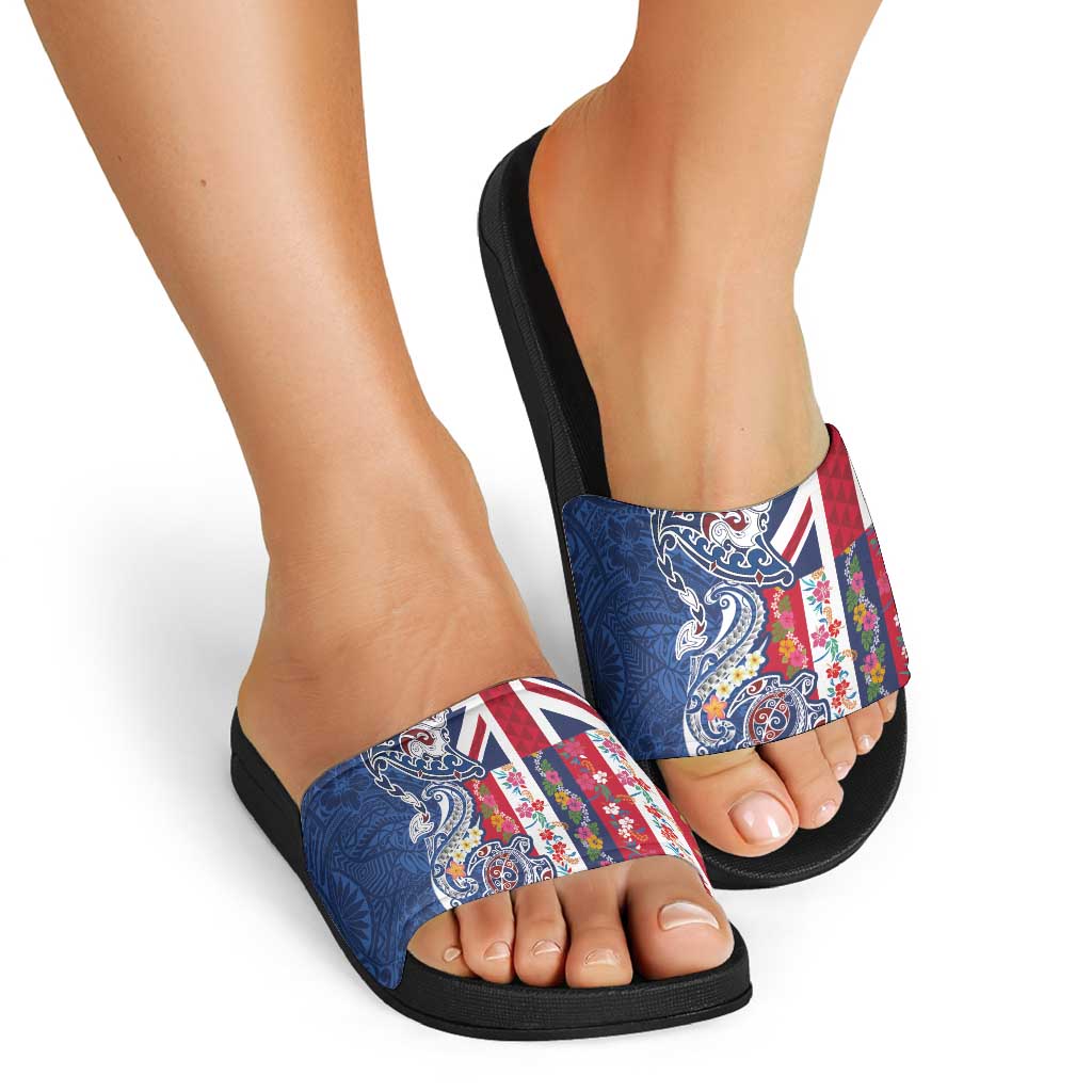 Hawaiian Manta Ray and Turtle Tribal Tattoo Slide Sandals With Hawaii Flag and Flowers LT03 - Polynesian Pride