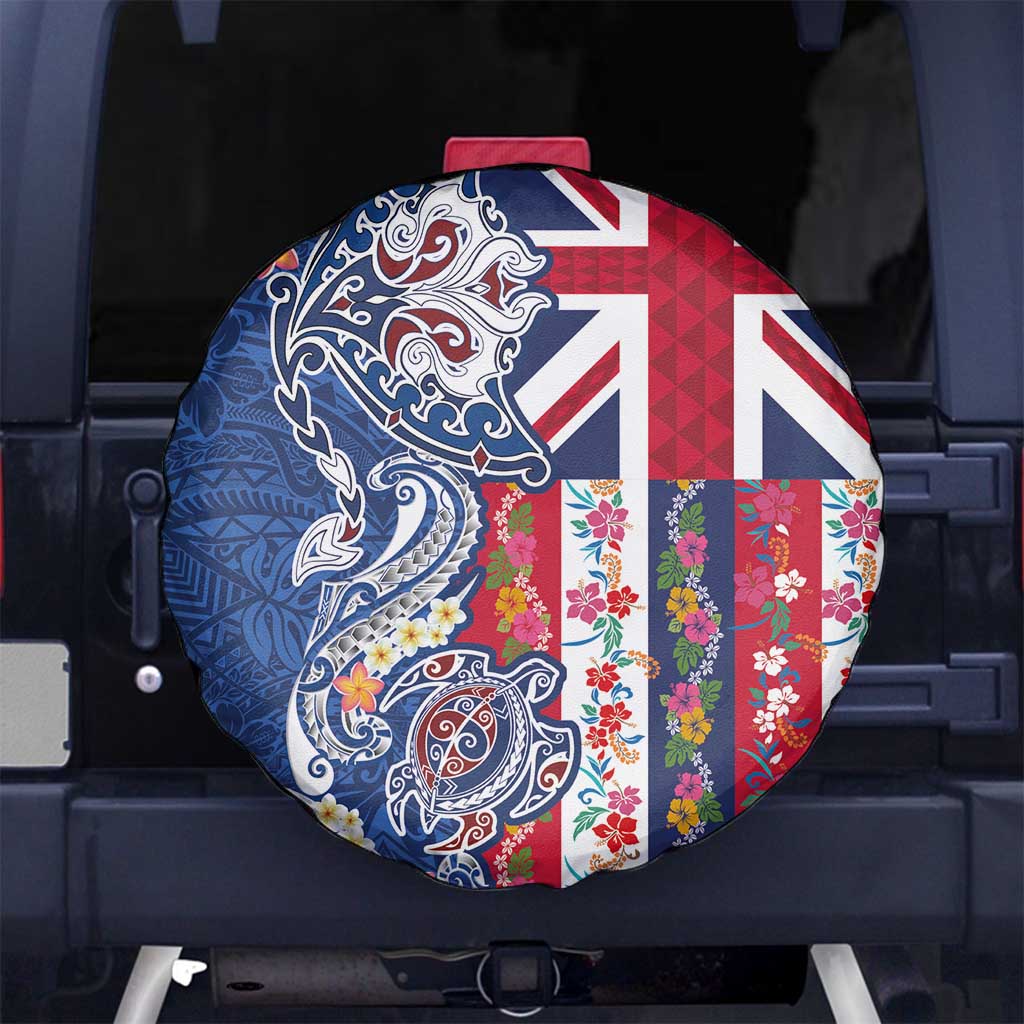 Hawaiian Manta Ray and Turtle Tribal Tattoo Spare Tire Cover With Hawaii Flag and Flowers LT03 No hole Multicolor - Polynesian Pride