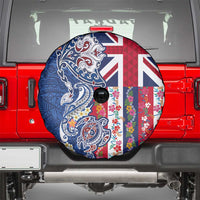 Hawaiian Manta Ray and Turtle Tribal Tattoo Spare Tire Cover With Hawaii Flag and Flowers LT03 - Polynesian Pride