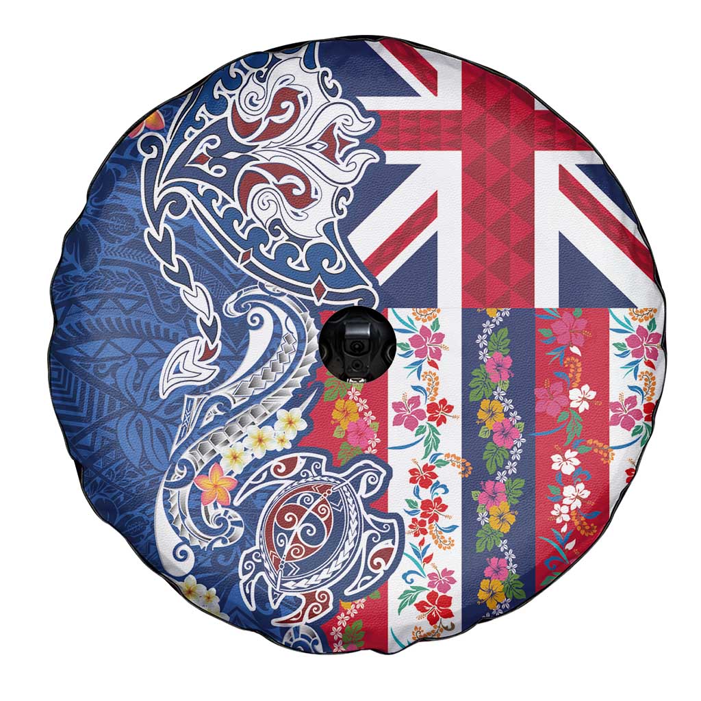 Hawaiian Manta Ray and Turtle Tribal Tattoo Spare Tire Cover With Hawaii Flag and Flowers LT03 - Polynesian Pride