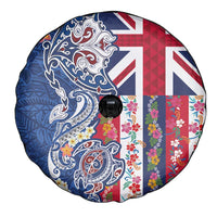 Hawaiian Manta Ray and Turtle Tribal Tattoo Spare Tire Cover With Hawaii Flag and Flowers LT03 - Polynesian Pride