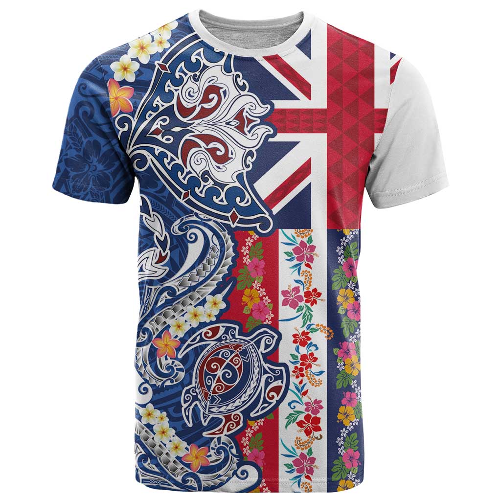 Hawaiian Manta Ray and Turtle Tribal Tattoo T Shirt With Hawaii Flag and Flowers LT03 Multicolor - Polynesian Pride