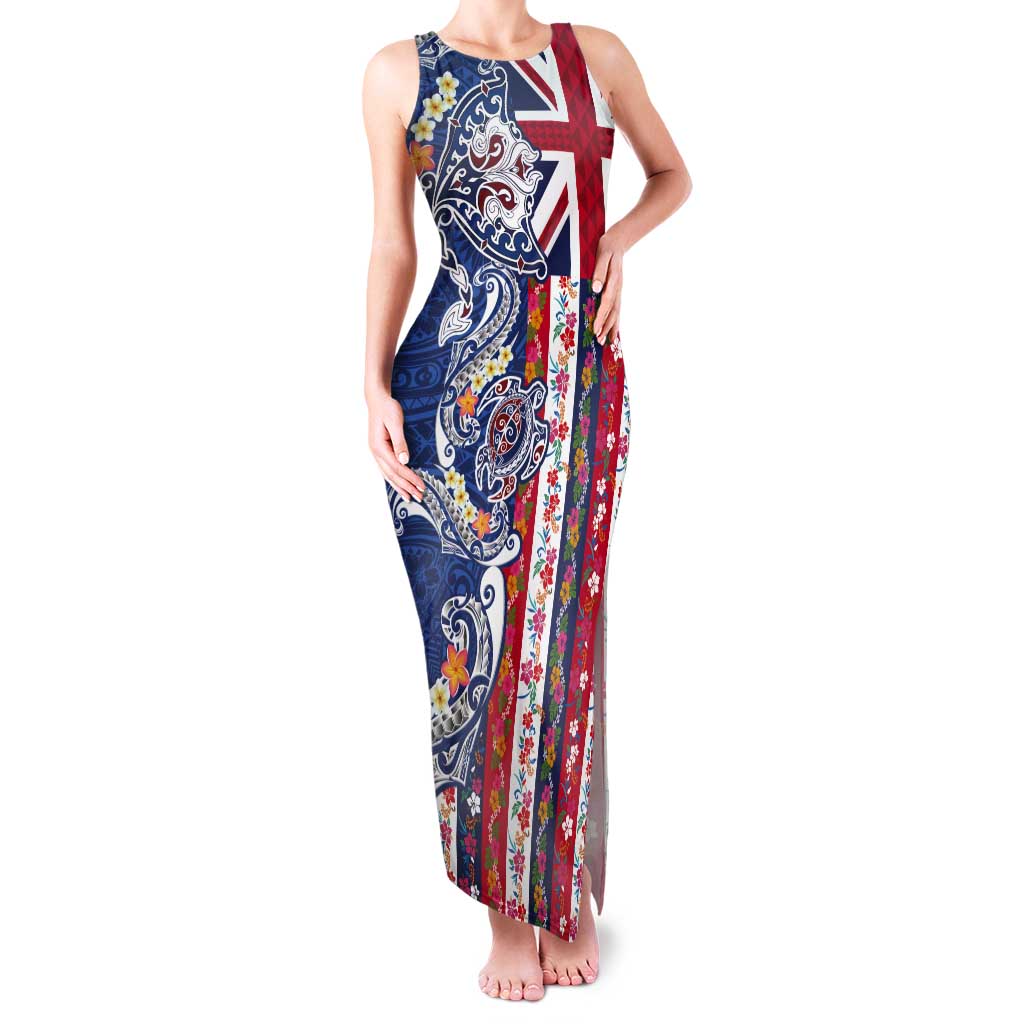 Hawaiian Manta Ray and Turtle Tribal Tattoo Tank Maxi Dress With Hawaii Flag and Flowers LT03 Women Multicolor - Polynesian Pride