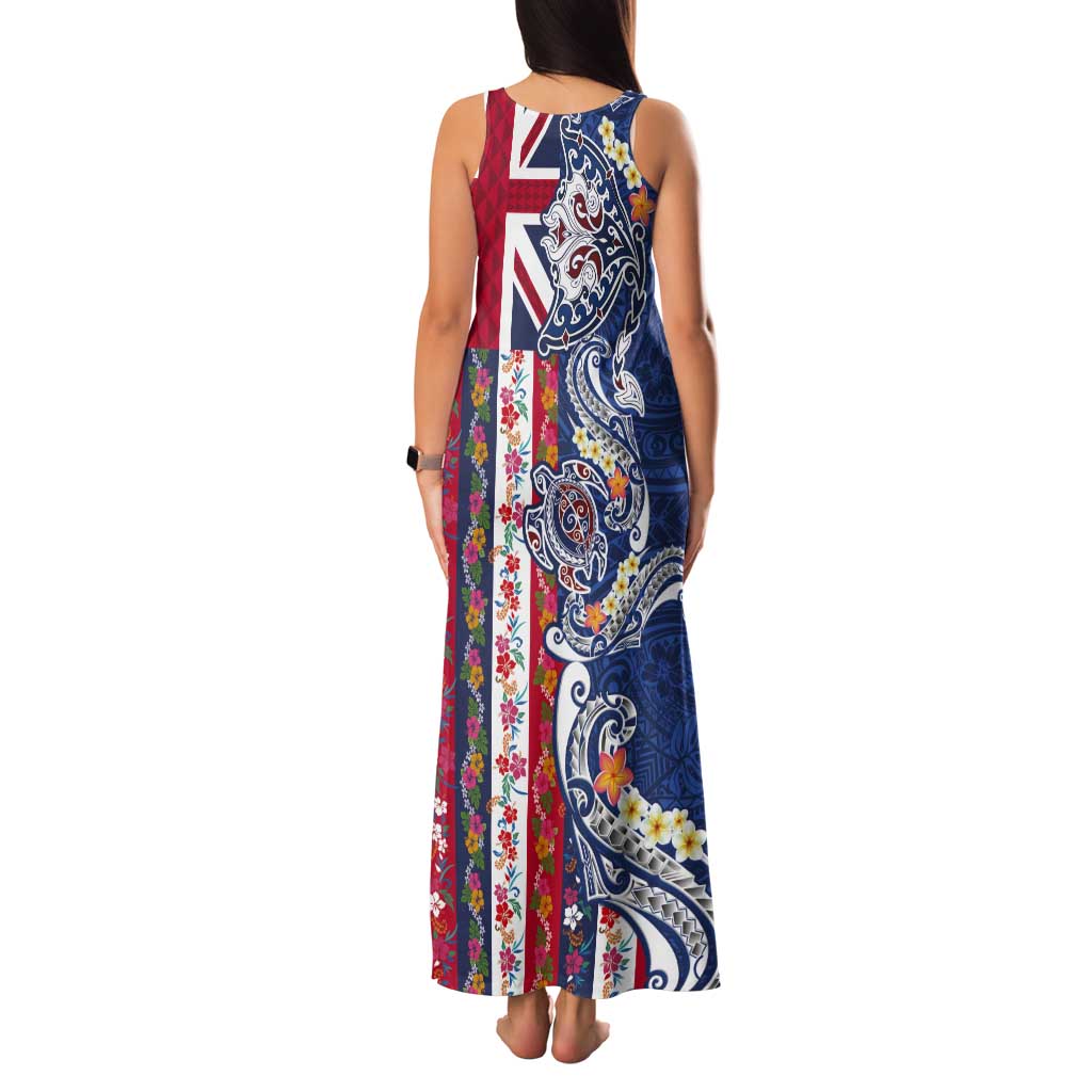 Hawaiian Manta Ray and Turtle Tribal Tattoo Tank Maxi Dress With Hawaii Flag and Flowers LT03 - Polynesian Pride