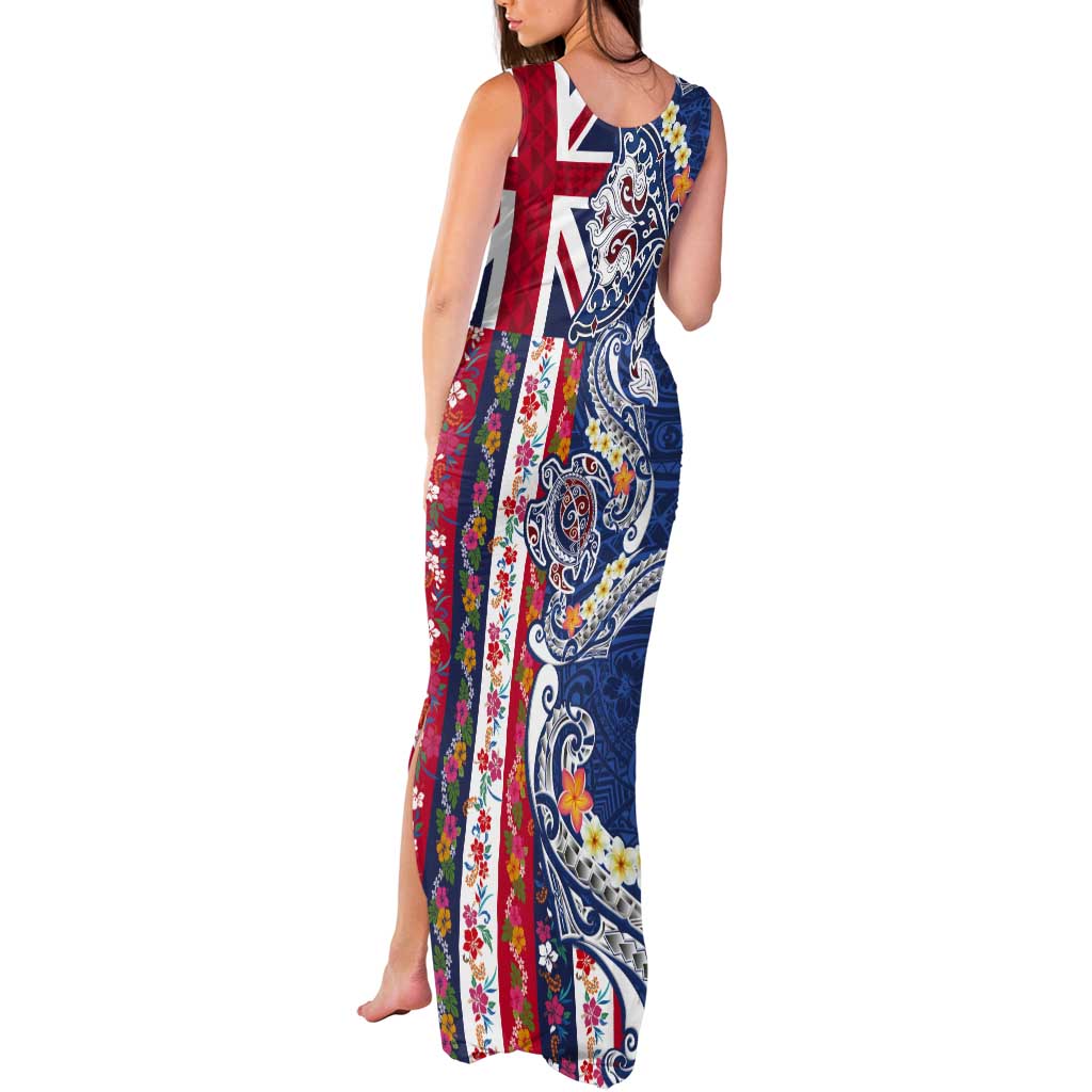 Hawaiian Manta Ray and Turtle Tribal Tattoo Tank Maxi Dress With Hawaii Flag and Flowers LT03 - Polynesian Pride