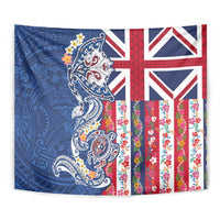 Hawaiian Manta Ray and Turtle Tribal Tattoo Tapestry With Hawaii Flag and Flowers