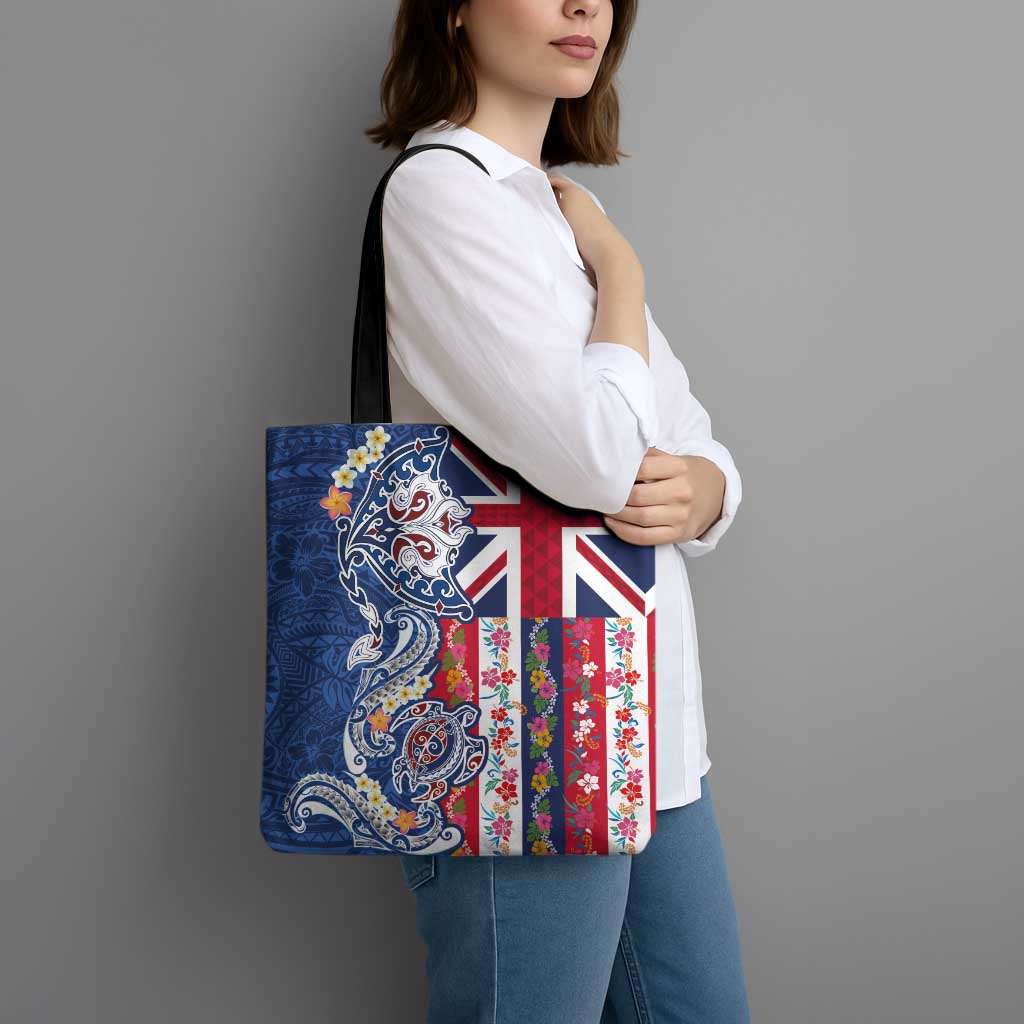 Hawaiian Manta Ray and Turtle Tribal Tattoo Tote Bag With Hawaii Flag and Flowers LT03 - Polynesian Pride