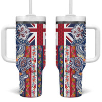 Hawaiian Manta Ray and Turtle Tribal Tattoo Tumbler With Handle With Hawaii Flag and Flowers LT03 One Size: 40 oz Multicolor - Polynesian Pride