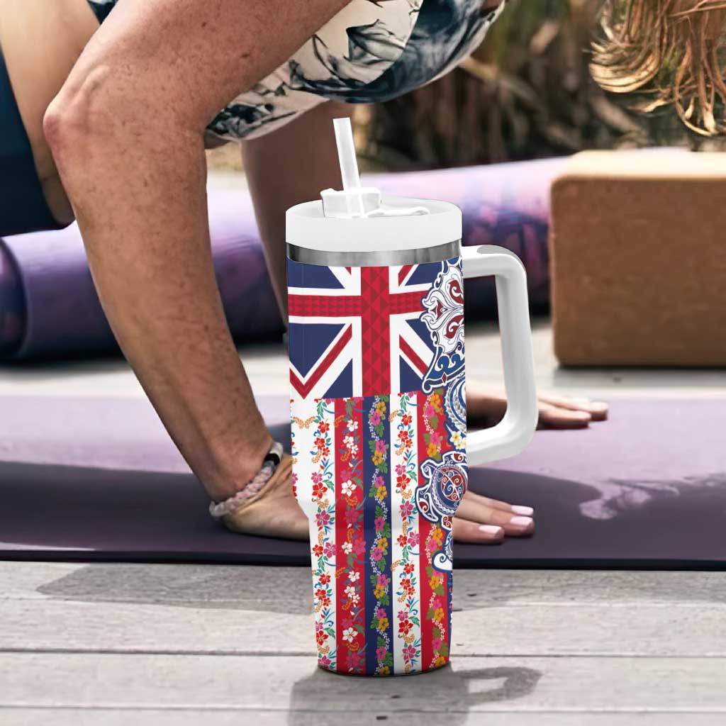 Hawaiian Manta Ray and Turtle Tribal Tattoo Tumbler With Handle With Hawaii Flag and Flowers LT03 - Polynesian Pride