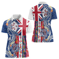 Hawaiian Manta Ray and Turtle Tribal Tattoo Women Polo Shirt With Hawaii Flag and Flowers LT03 - Polynesian Pride