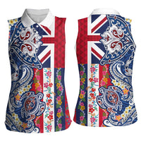 Hawaiian Manta Ray and Turtle Tribal Tattoo Women Sleeveless Polo Shirt With Hawaii Flag and Flowers LT03 - Polynesian Pride