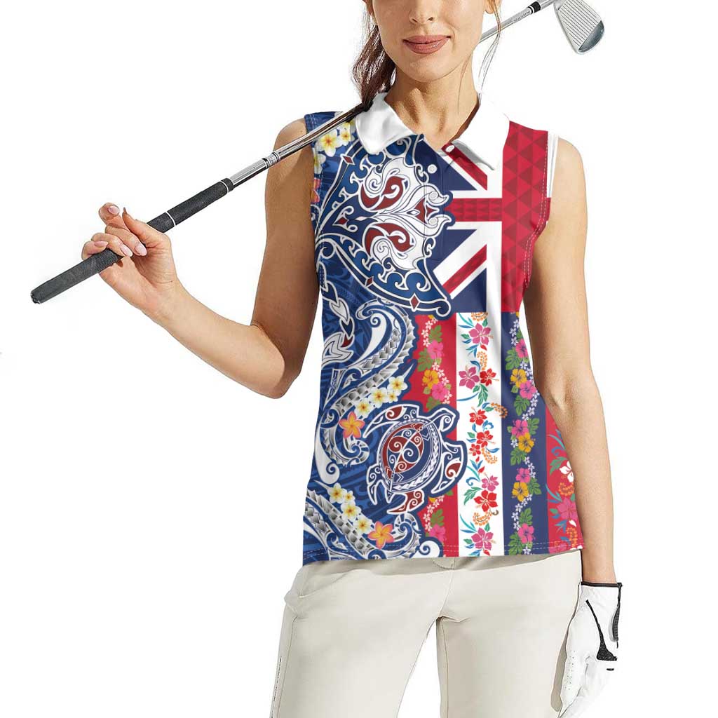 Hawaiian Manta Ray and Turtle Tribal Tattoo Women Sleeveless Polo Shirt With Hawaii Flag and Flowers LT03 - Polynesian Pride
