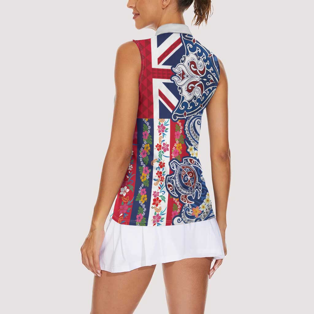 Hawaiian Manta Ray and Turtle Tribal Tattoo Women Sleeveless Polo Shirt With Hawaii Flag and Flowers LT03 - Polynesian Pride