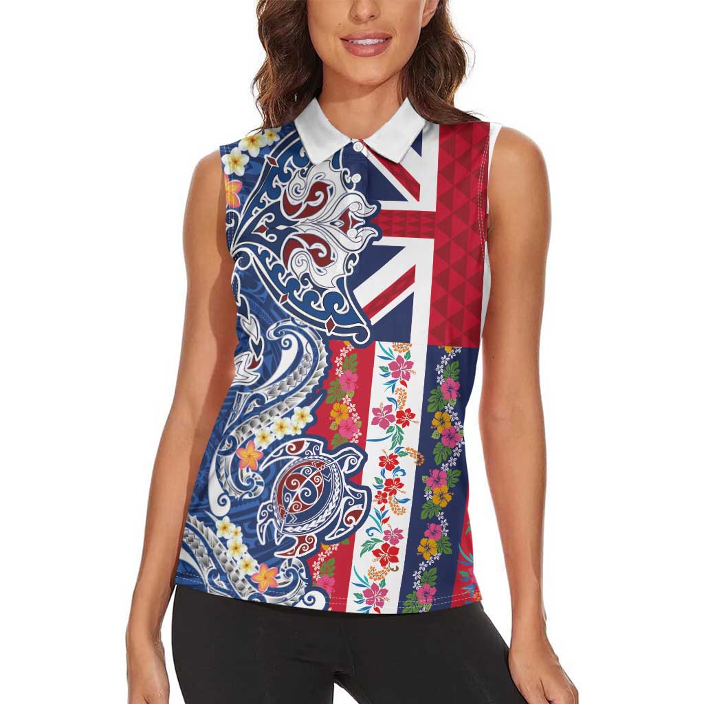 Hawaiian Manta Ray and Turtle Tribal Tattoo Women Sleeveless Polo Shirt With Hawaii Flag and Flowers LT03 - Polynesian Pride