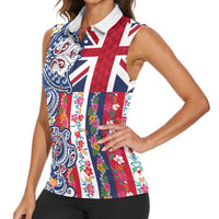Hawaiian Manta Ray and Turtle Tribal Tattoo Women Sleeveless Polo Shirt With Hawaii Flag and Flowers LT03 - Polynesian Pride