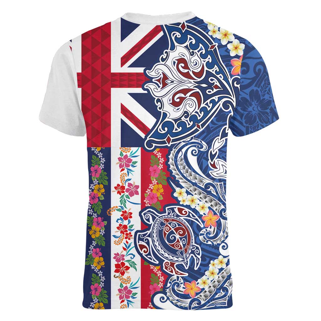 Hawaiian Manta Ray and Turtle Tribal Tattoo Women V-Neck T-Shirt With Hawaii Flag and Flowers LT03 - Polynesian Pride