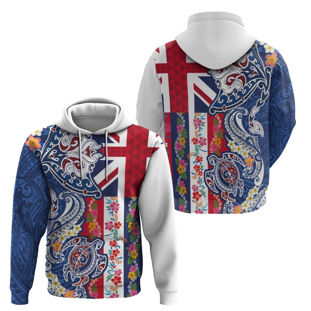 Hawaiian Manta Ray and Turtle Tribal Tattoo Zip Hoodie With Hawaii Flag and Flowers LT03 - Polynesian Pride