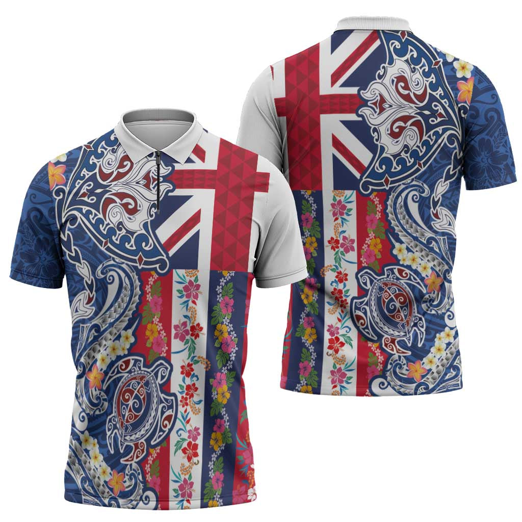 Hawaiian Manta Ray and Turtle Tribal Tattoo Zipper Polo Shirt With Hawaii Flag and Flowers LT03 - Polynesian Pride