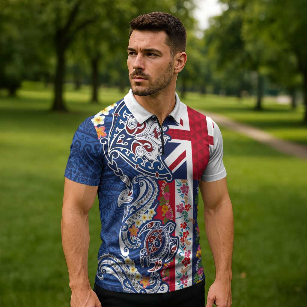 Hawaiian Manta Ray and Turtle Tribal Tattoo Zipper Polo Shirt With Hawaii Flag and Flowers LT03 - Polynesian Pride