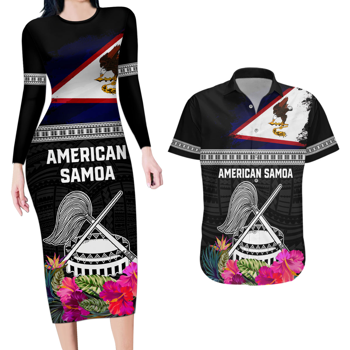Personalized American Samoa Flag Day Couples Matching Long Sleeve Bodycon Dress and Hawaiian Shirt Tanoa and Fue mix Hibiscus Flower Polynesian Pattern LT03 Black - Polynesian Pride