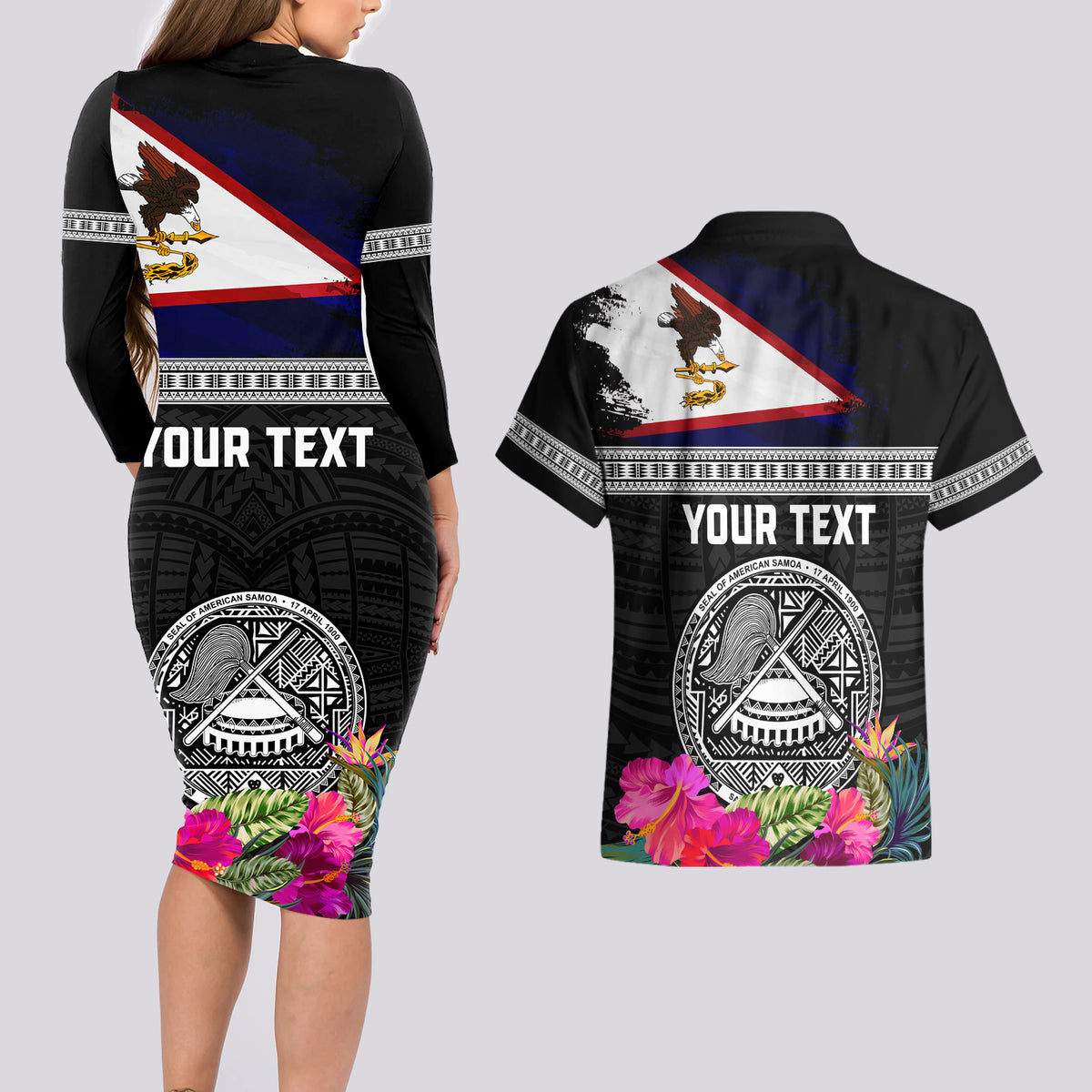 Personalized American Samoa Flag Day Couples Matching Long Sleeve Bodycon Dress and Hawaiian Shirt Tanoa and Fue mix Hibiscus Flower Polynesian Pattern LT03 - Polynesian Pride