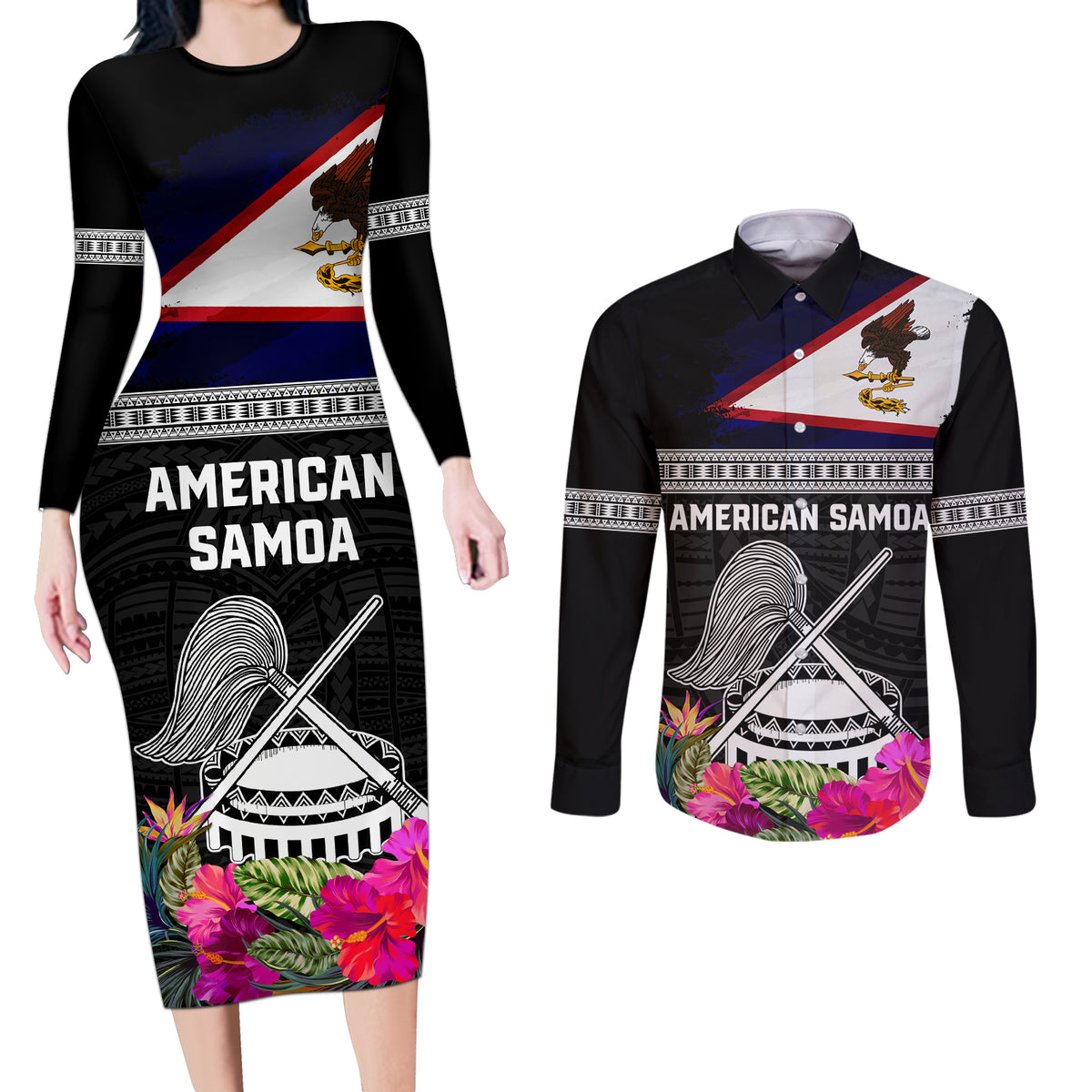 Personalized American Samoa Flag Day Couples Matching Long Sleeve Bodycon Dress and Long Sleeve Button Shirt Tanoa and Fue mix Hibiscus Flower Polynesian Pattern LT03 Black - Polynesian Pride