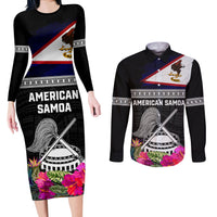 Personalized American Samoa Flag Day Couples Matching Long Sleeve Bodycon Dress and Long Sleeve Button Shirt Tanoa and Fue mix Hibiscus Flower Polynesian Pattern LT03 Black - Polynesian Pride