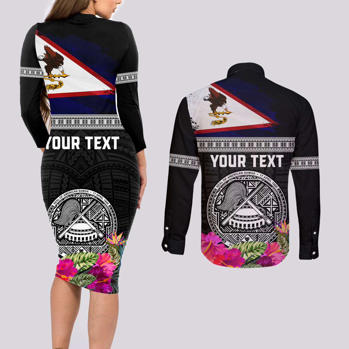 Personalized American Samoa Flag Day Couples Matching Long Sleeve Bodycon Dress and Long Sleeve Button Shirt Tanoa and Fue mix Hibiscus Flower Polynesian Pattern LT03 - Polynesian Pride