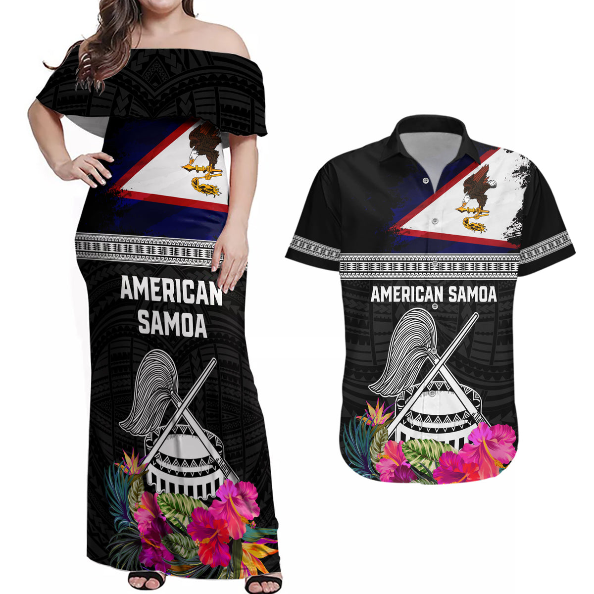 Personalized American Samoa Flag Day Couples Matching Off Shoulder Maxi Dress and Hawaiian Shirt Tanoa and Fue mix Hibiscus Flower Polynesian Pattern LT03 Black - Polynesian Pride