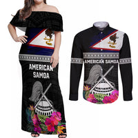 Personalized American Samoa Flag Day Couples Matching Off Shoulder Maxi Dress and Long Sleeve Button Shirt Tanoa and Fue mix Hibiscus Flower Polynesian Pattern LT03 Black - Polynesian Pride