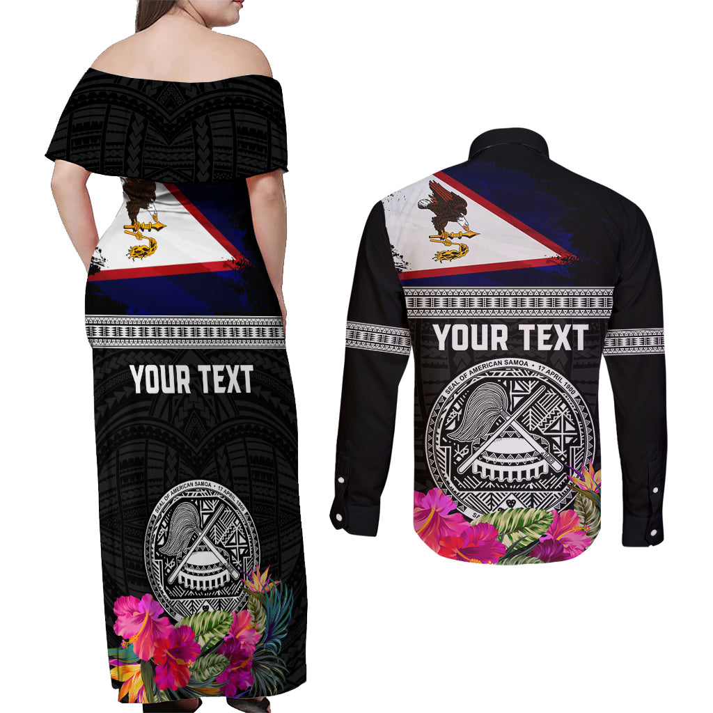 Personalized American Samoa Flag Day Couples Matching Off Shoulder Maxi Dress and Long Sleeve Button Shirt Tanoa and Fue mix Hibiscus Flower Polynesian Pattern LT03 - Polynesian Pride