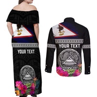 Personalized American Samoa Flag Day Couples Matching Off Shoulder Maxi Dress and Long Sleeve Button Shirt Tanoa and Fue mix Hibiscus Flower Polynesian Pattern LT03 - Polynesian Pride