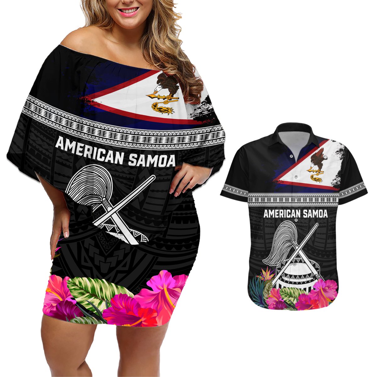 Personalized American Samoa Flag Day Couples Matching Off Shoulder Short Dress and Hawaiian Shirt Tanoa and Fue mix Hibiscus Flower Polynesian Pattern LT03 Black - Polynesian Pride
