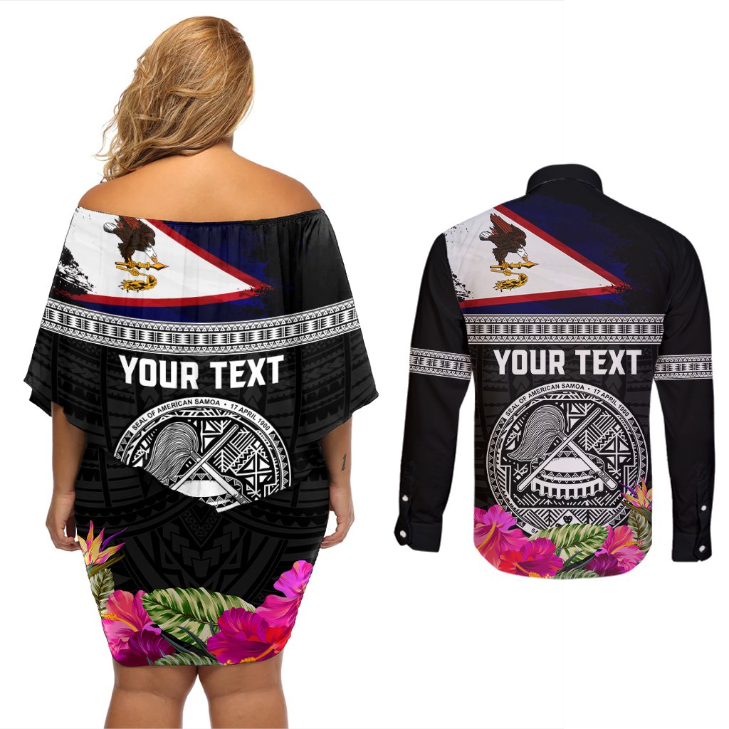 Personalized American Samoa Flag Day Couples Matching Off Shoulder Short Dress and Long Sleeve Button Shirt Tanoa and Fue mix Hibiscus Flower Polynesian Pattern LT03 - Polynesian Pride
