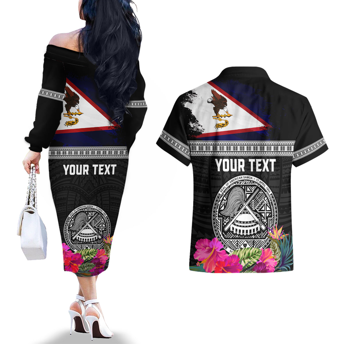 Personalized American Samoa Flag Day Couples Matching Off The Shoulder Long Sleeve Dress and Hawaiian Shirt Tanoa and Fue mix Hibiscus Flower Polynesian Pattern LT03 - Polynesian Pride