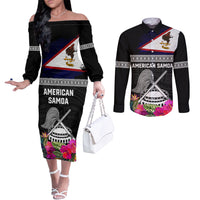 Personalized American Samoa Flag Day Couples Matching Off The Shoulder Long Sleeve Dress and Long Sleeve Button Shirt Tanoa and Fue mix Hibiscus Flower Polynesian Pattern LT03 Black - Polynesian Pride