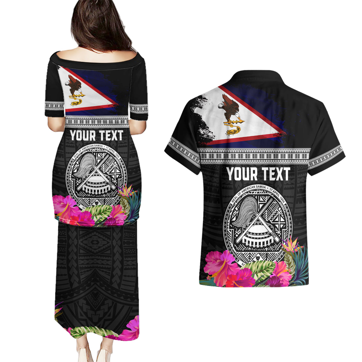 Personalized American Samoa Flag Day Couples Matching Puletasi and Hawaiian Shirt Tanoa and Fue mix Hibiscus Flower Polynesian Pattern LT03 - Polynesian Pride