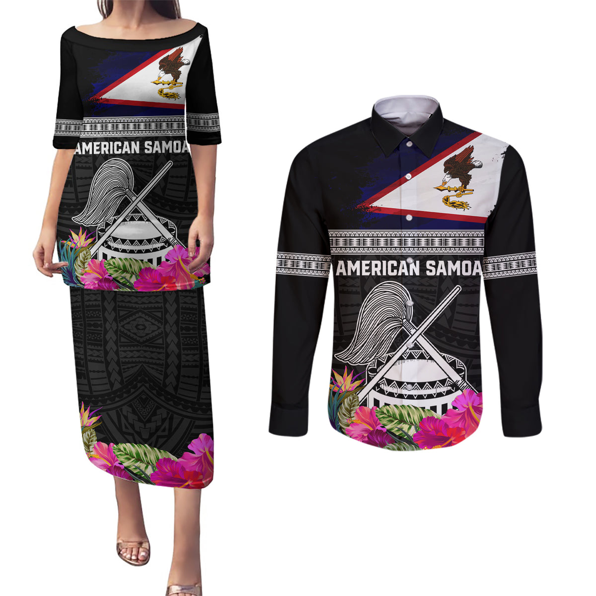 Personalized American Samoa Flag Day Couples Matching Puletasi and Long Sleeve Button Shirt Tanoa and Fue mix Hibiscus Flower Polynesian Pattern