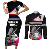 Personalized American Samoa Flag Day Couples Matching Short Sleeve Bodycon Dress and Long Sleeve Button Shirt Tanoa and Fue mix Hibiscus Flower Polynesian Pattern LT03 Black - Polynesian Pride