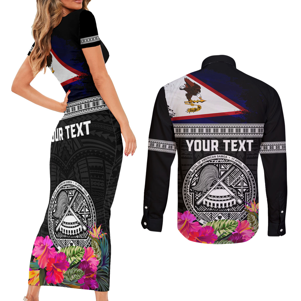 Personalized American Samoa Flag Day Couples Matching Short Sleeve Bodycon Dress and Long Sleeve Button Shirt Tanoa and Fue mix Hibiscus Flower Polynesian Pattern LT03 - Polynesian Pride