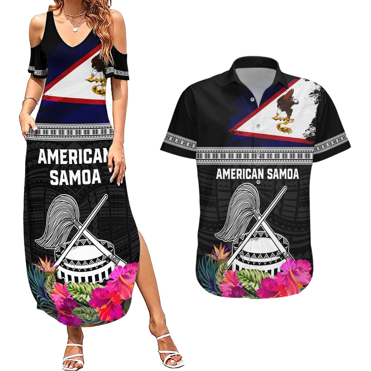 Personalized American Samoa Flag Day Couples Matching Summer Maxi Dress and Hawaiian Shirt Tanoa and Fue mix Hibiscus Flower Polynesian Pattern LT03 Black - Polynesian Pride