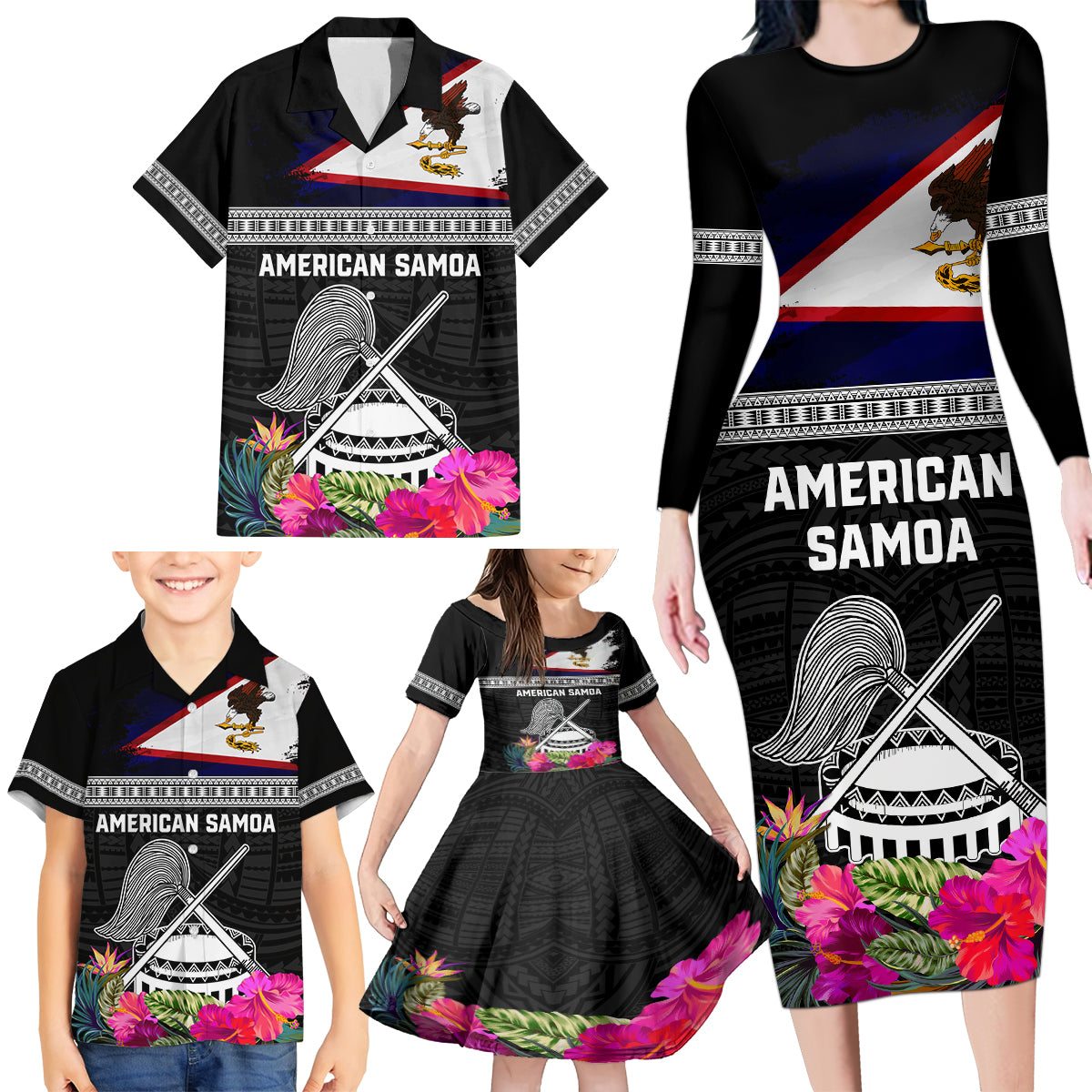 Personalized American Samoa Flag Day Family Matching Long Sleeve Bodycon Dress and Hawaiian Shirt Tanoa and Fue mix Hibiscus Flower Polynesian Pattern LT03 - Polynesian Pride