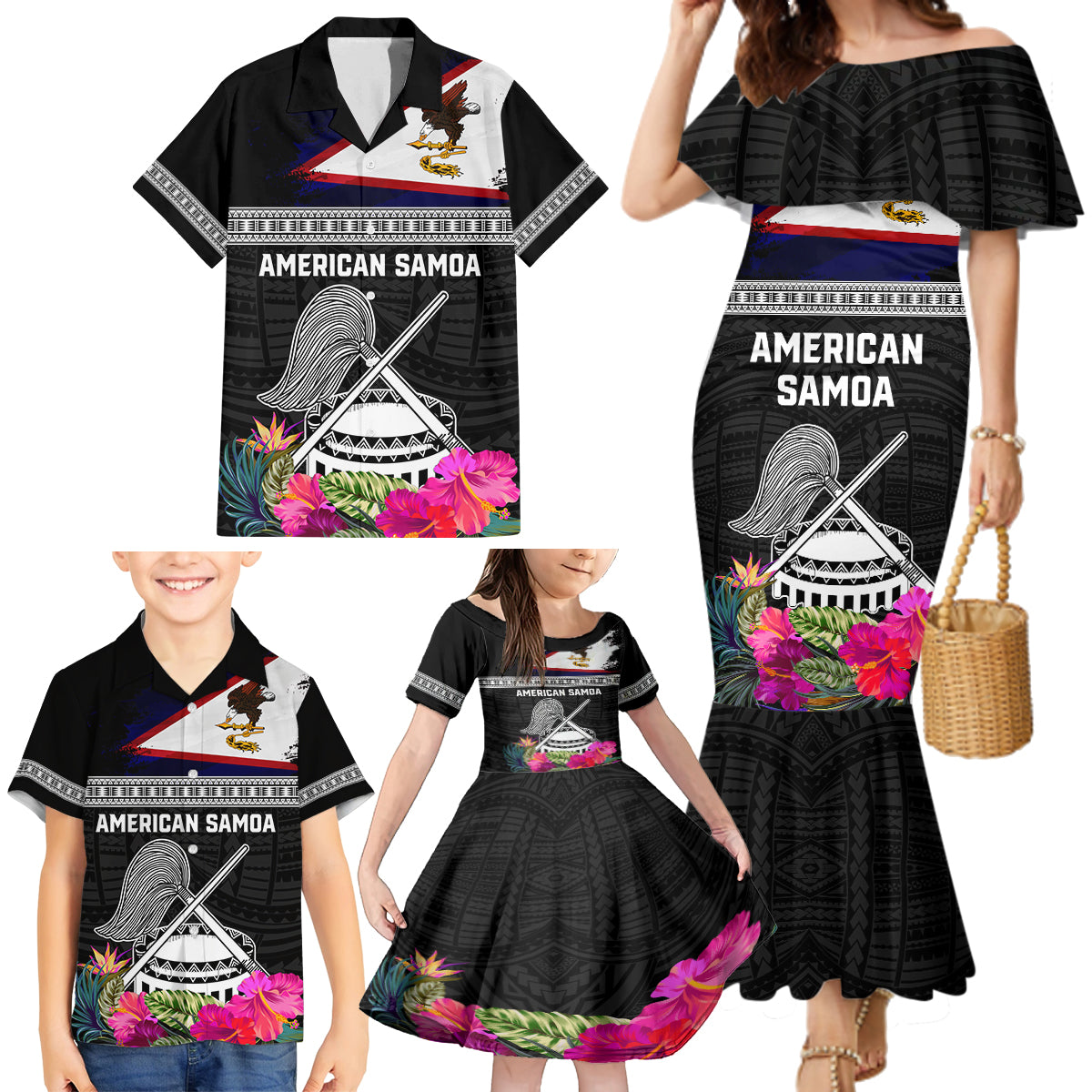 Personalized American Samoa Flag Day Family Matching Mermaid Dress and Hawaiian Shirt Tanoa and Fue mix Hibiscus Flower Polynesian Pattern LT03 - Polynesian Pride