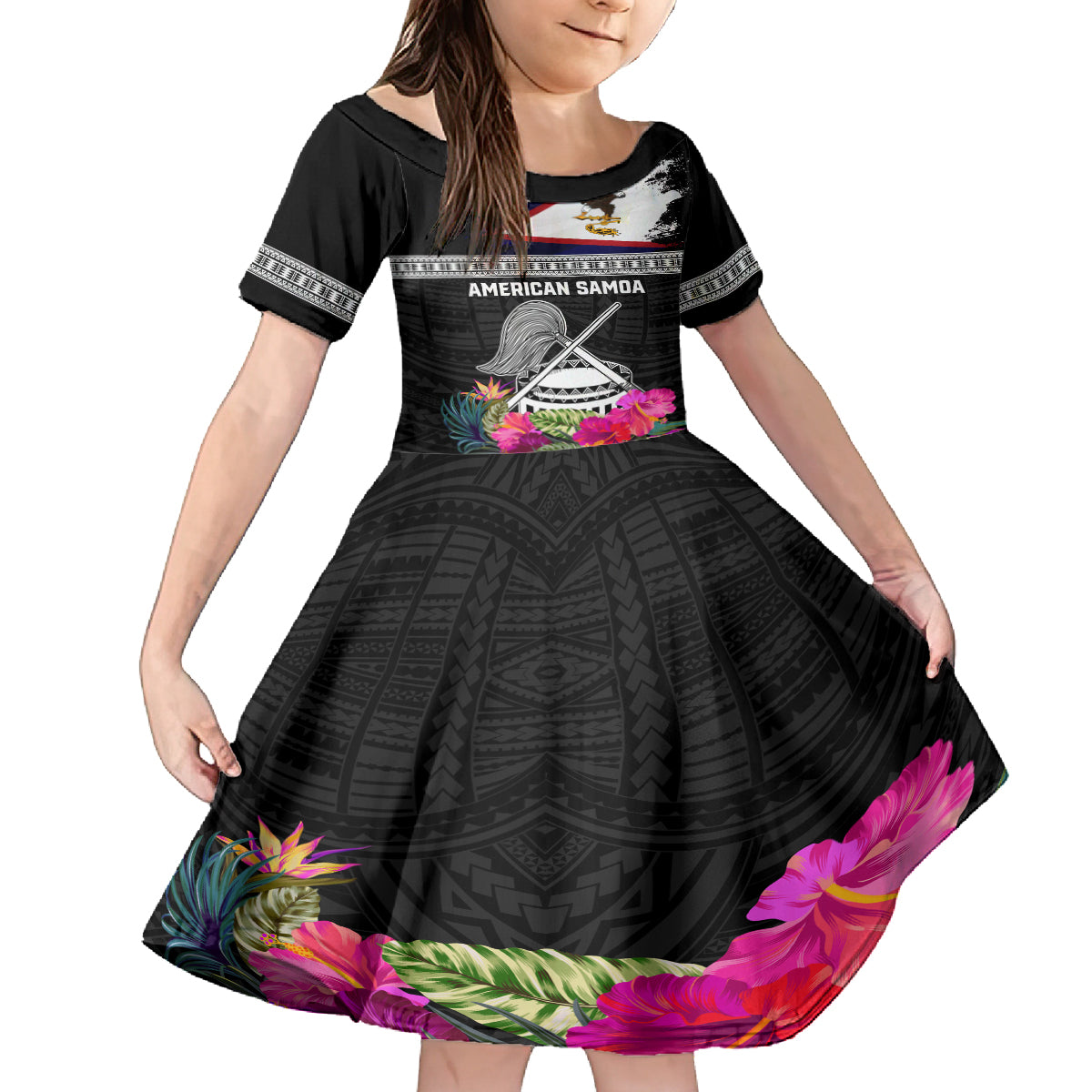Personalized American Samoa Flag Day Family Matching Off The Shoulder Long Sleeve Dress and Hawaiian Shirt Tanoa and Fue mix Hibiscus Flower Polynesian Pattern LT03 Daughter's Dress Black - Polynesian Pride